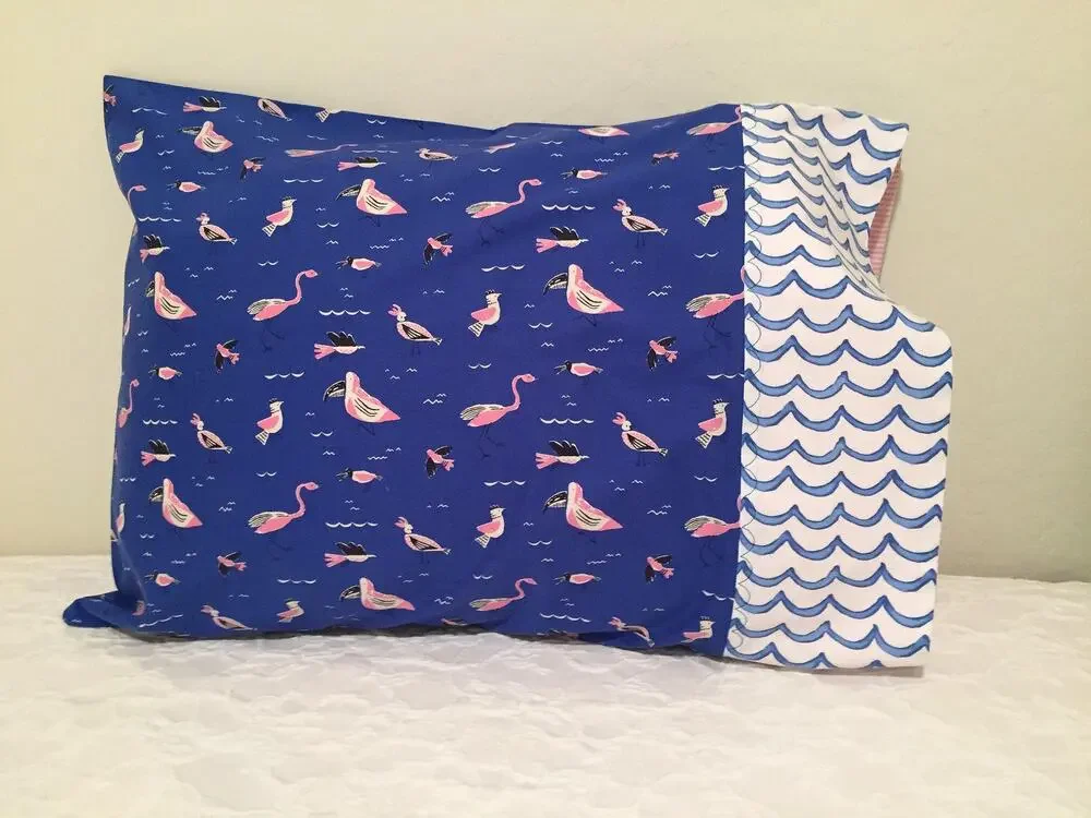 Handmade Pillowcase Set: Pink Shorebirds & Blue Waves